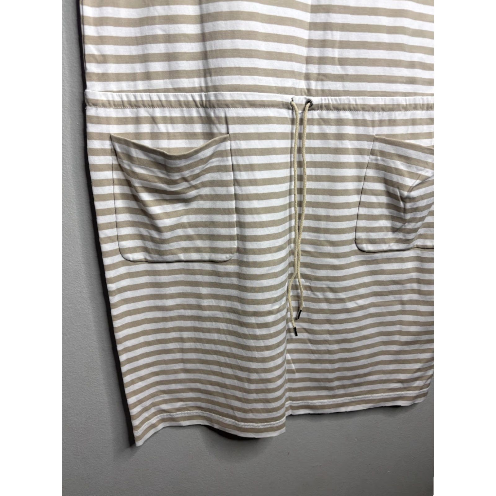 Vintage Lafayette 148 Dress Womens Medium Beige White Stripe Drawstring Pocket Tshirt Dress Size M / US 6-8 / IT 42-44 - 2 Thumbnail