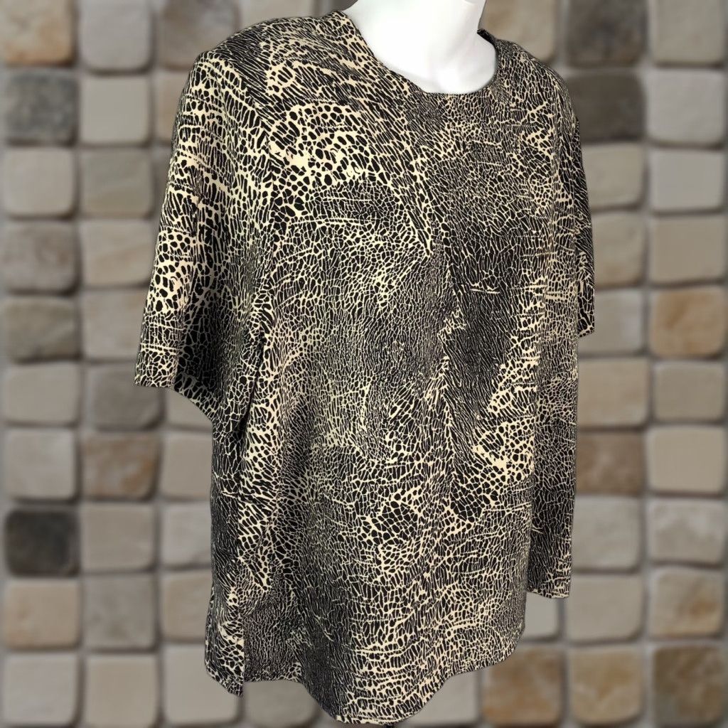 Vintage Kathy Che Top Blouse L Tan Black Print Scoop Neck Short Sleeves Boho Y2K Animal Abstract Shirt Womens Size L / US 10 / IT 46 - 1 Thumbnail