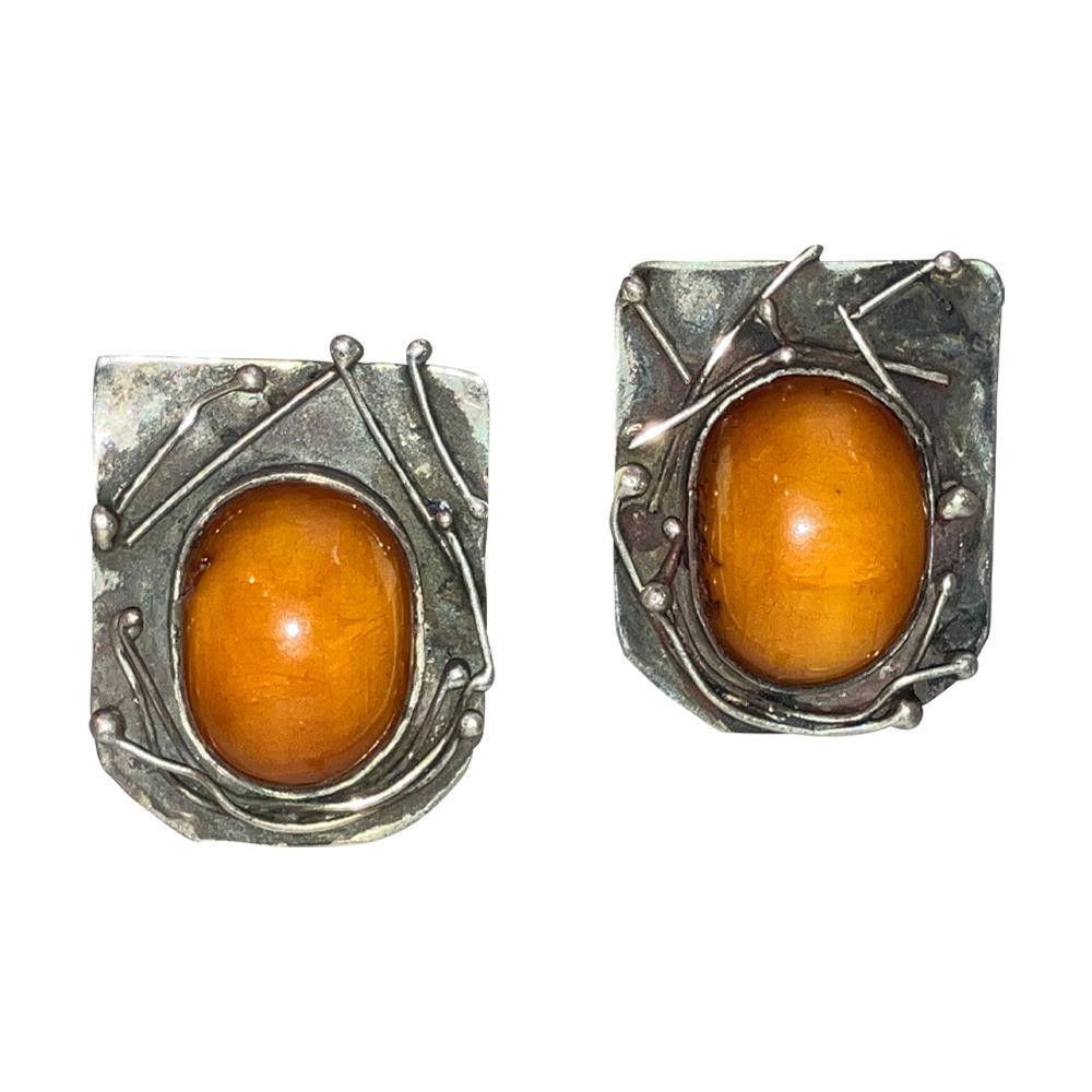 Designer Sterling Silver Abstract Butterscotch Amber Earrings Size ONE SIZE - 1 Thumbnail