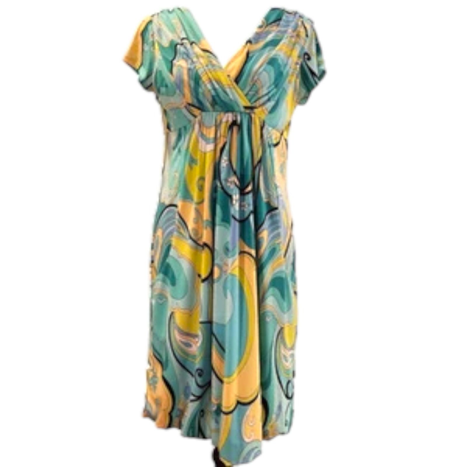 Essentials Essentials by A.B.S. Size Medium Dress Aqua & Yellow Midi Size M / US 6-8 / IT 42-44 - 1 Thumbnail