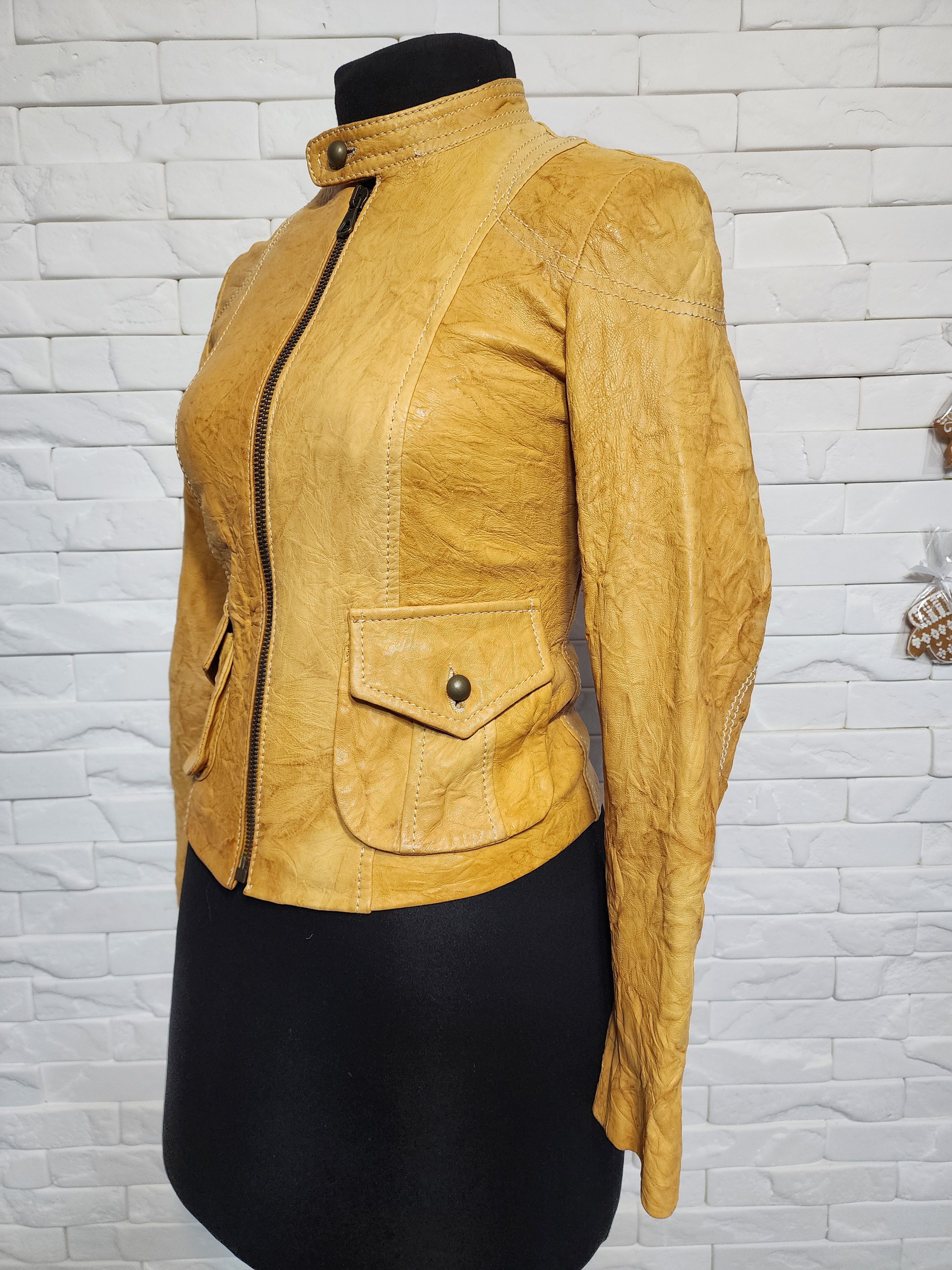 Other Yellow Leather Jacket: Women's Zipper Up Size S / US 4 / IT 40 - 2 Thumbnail
