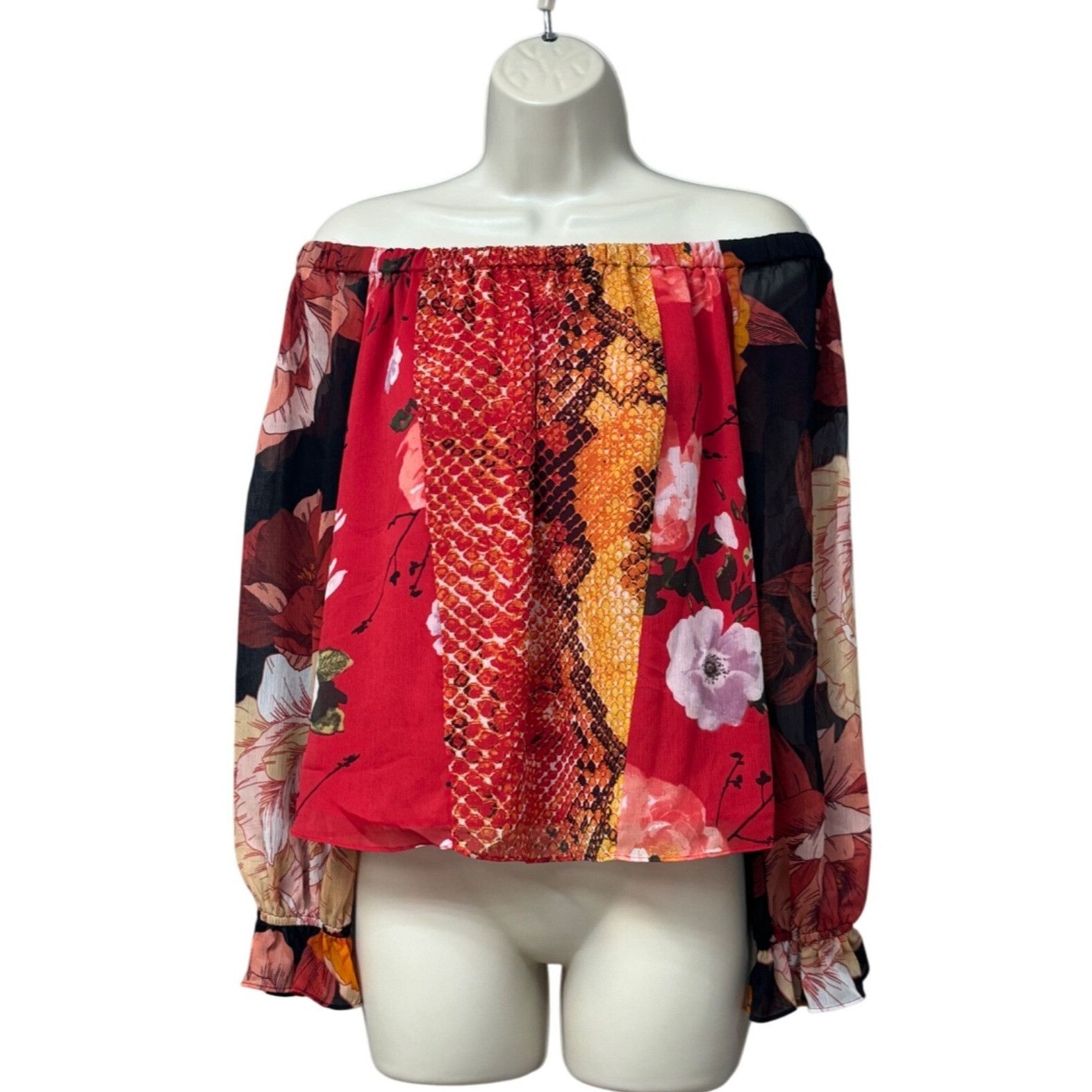 Guess GUESS Pamelia Chiffon Off-The-Shoulder Top, Red-multi, Sz. S Size S / US 4 / IT 40 - 4 Thumbnail