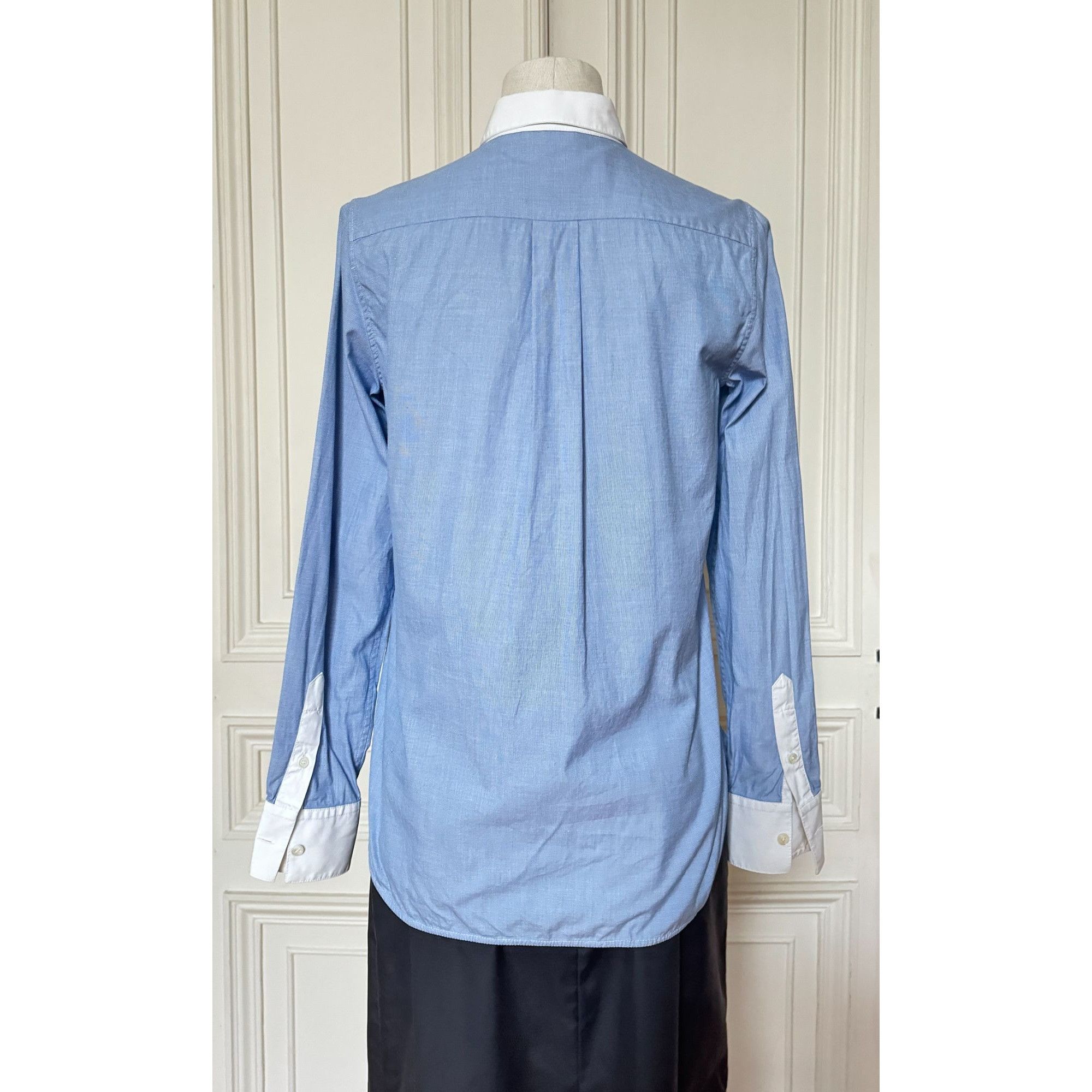Celine Phoebe Philo Blue Shirt with White Contrast Collar & Cuffs Size S / US 4 / IT 40 - 3 Thumbnail