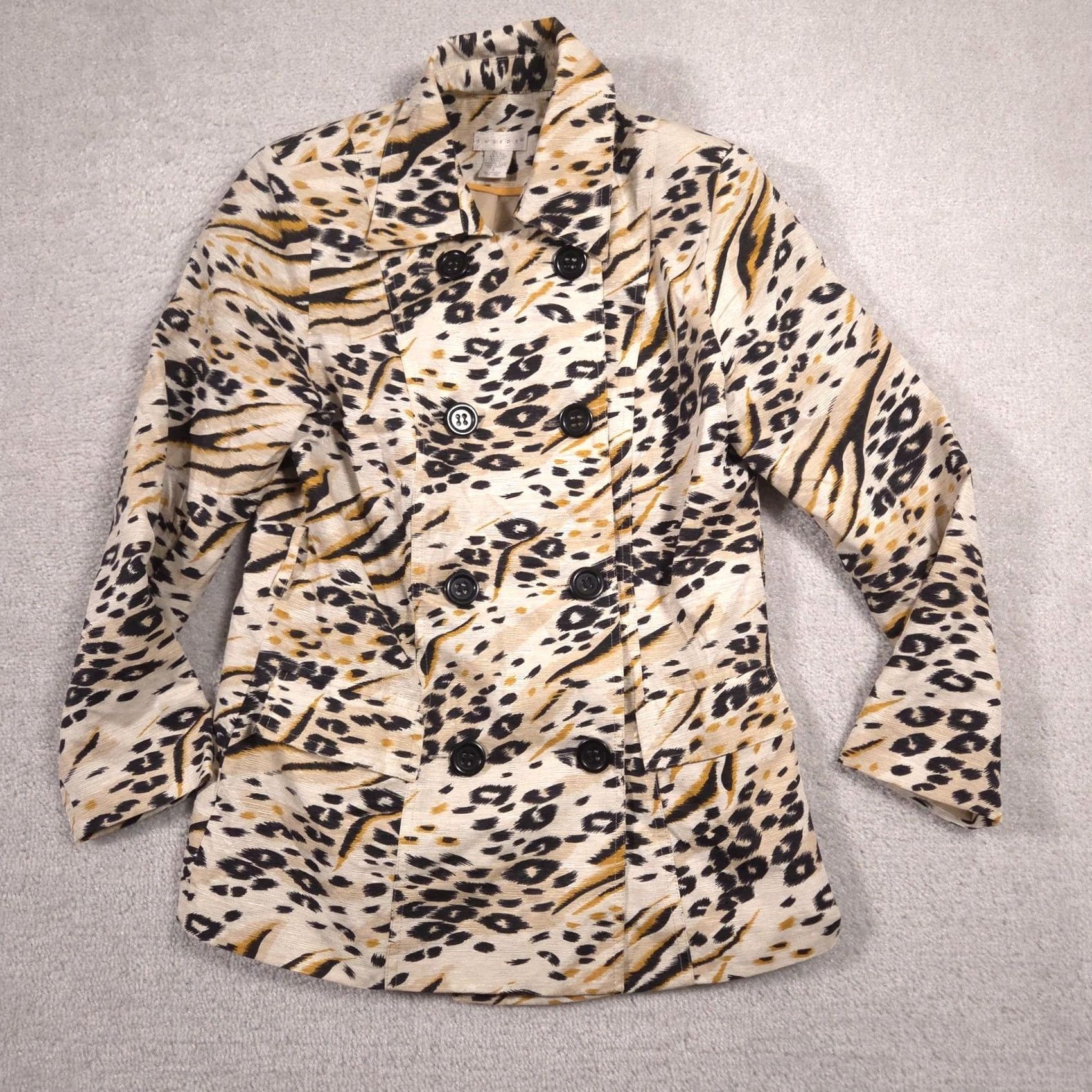 Vintage Tweeds Coat Womens S Beige Leopard Print Trench Button Front Silk Blend Size S / US 4 / IT 40 - 2 Thumbnail