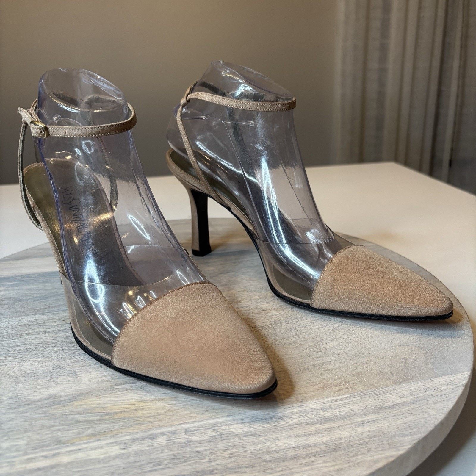 Saint Laurent Paris Saint Laurent Vintage Beige and Clear Ankle Wrap Pumps 9.5 M Size US 9.5 / IT 39.5 - 13 Thumbnail