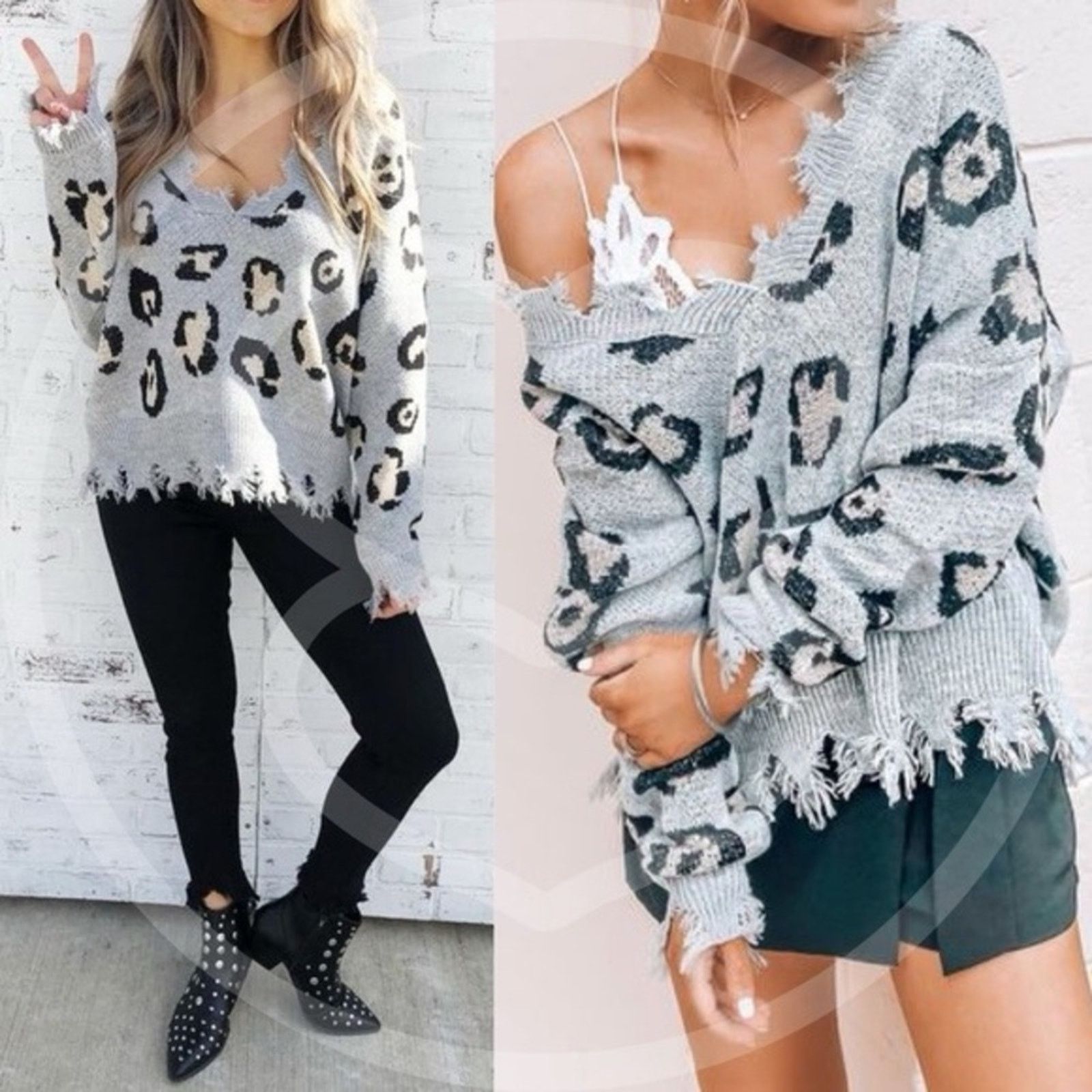 Nordstrom NEW MIRACLE Grey Distress Animal Fringe $85 Pullover Sweater Size M / US 6-8 / IT 42-44 - 11 Thumbnail