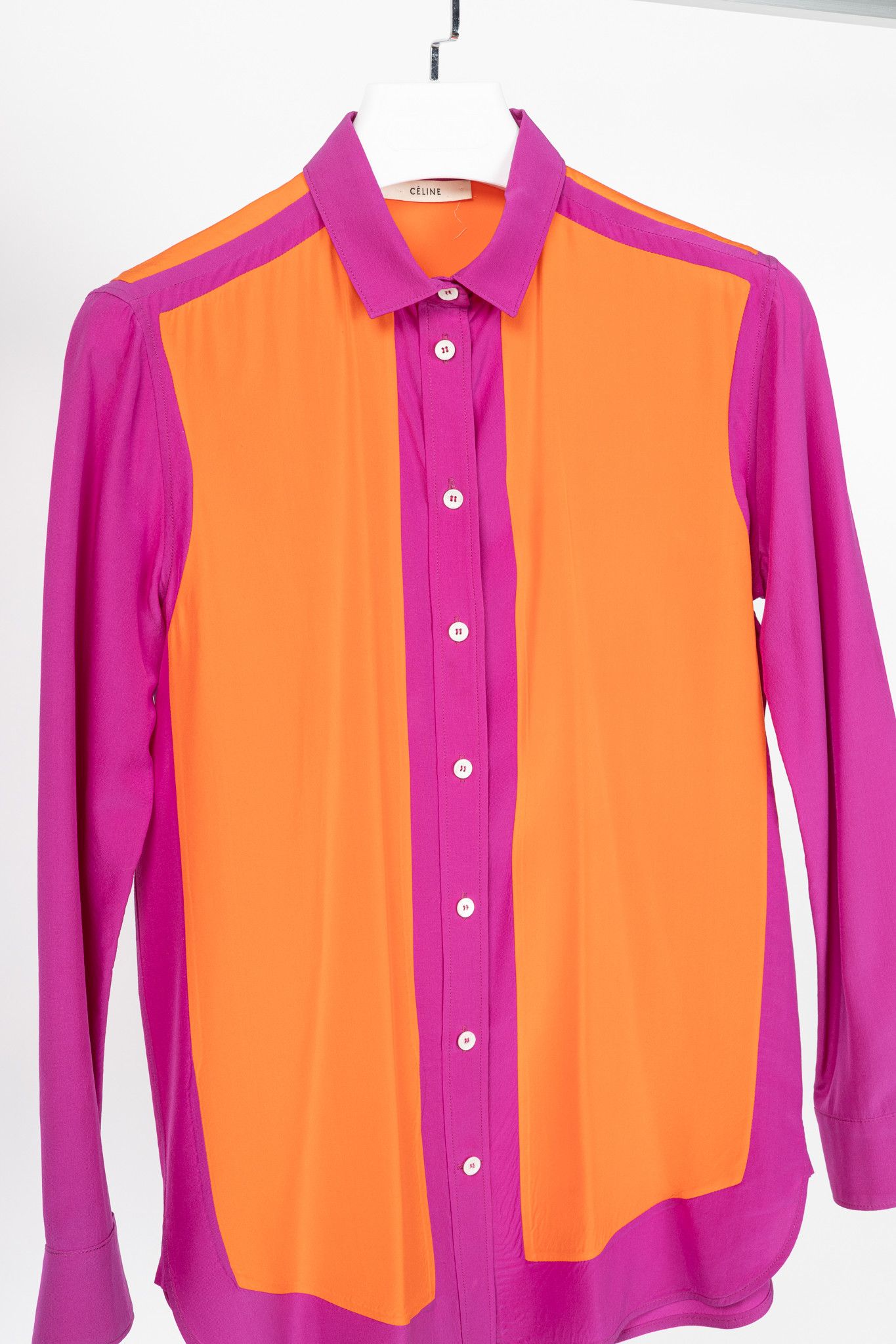 Celine Celine Fuchsia & Orange Colourblock Silk Buttoned Shirt Size L / US 10 / IT 46 - 3 Thumbnail