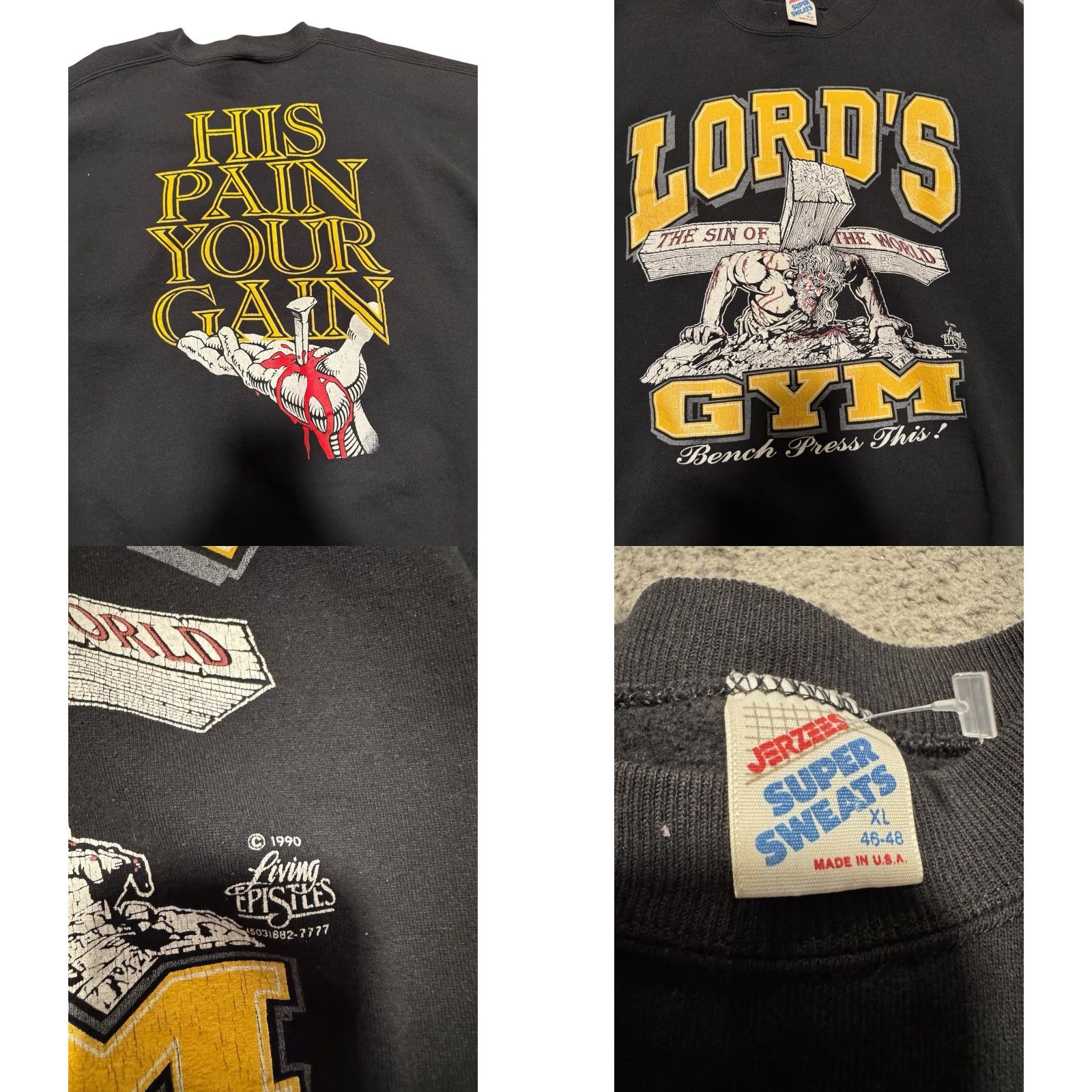 Vintage VINTAGE 1990 Lord's Gym His Pain Your Gain Jesus Crewneck Sweatshirt XL Black Cotton Fleece Graphic Print Logo Men's 90s Grunge Pullover Size US XL / EU 56 / 4 - 9 Thumbnail
