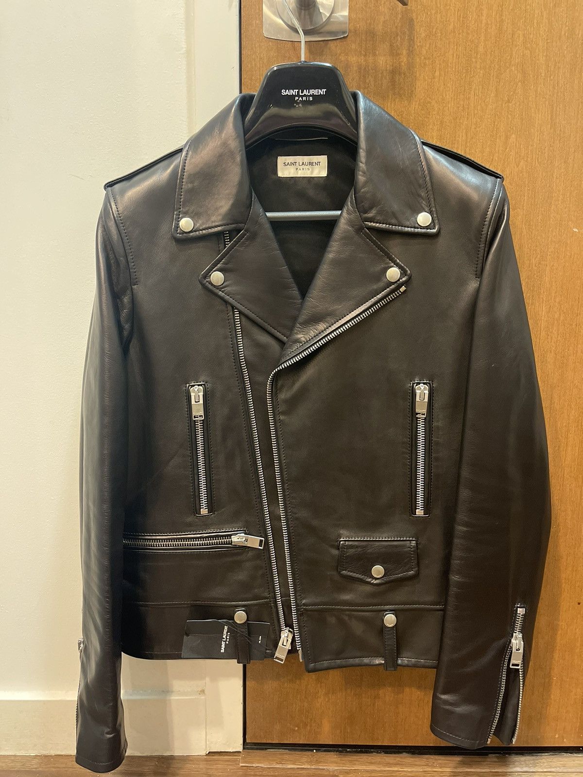 image of Saint Laurent Paris Saint Laurent Leather Perfecto Jacket in Black, Men's (Size Medium)