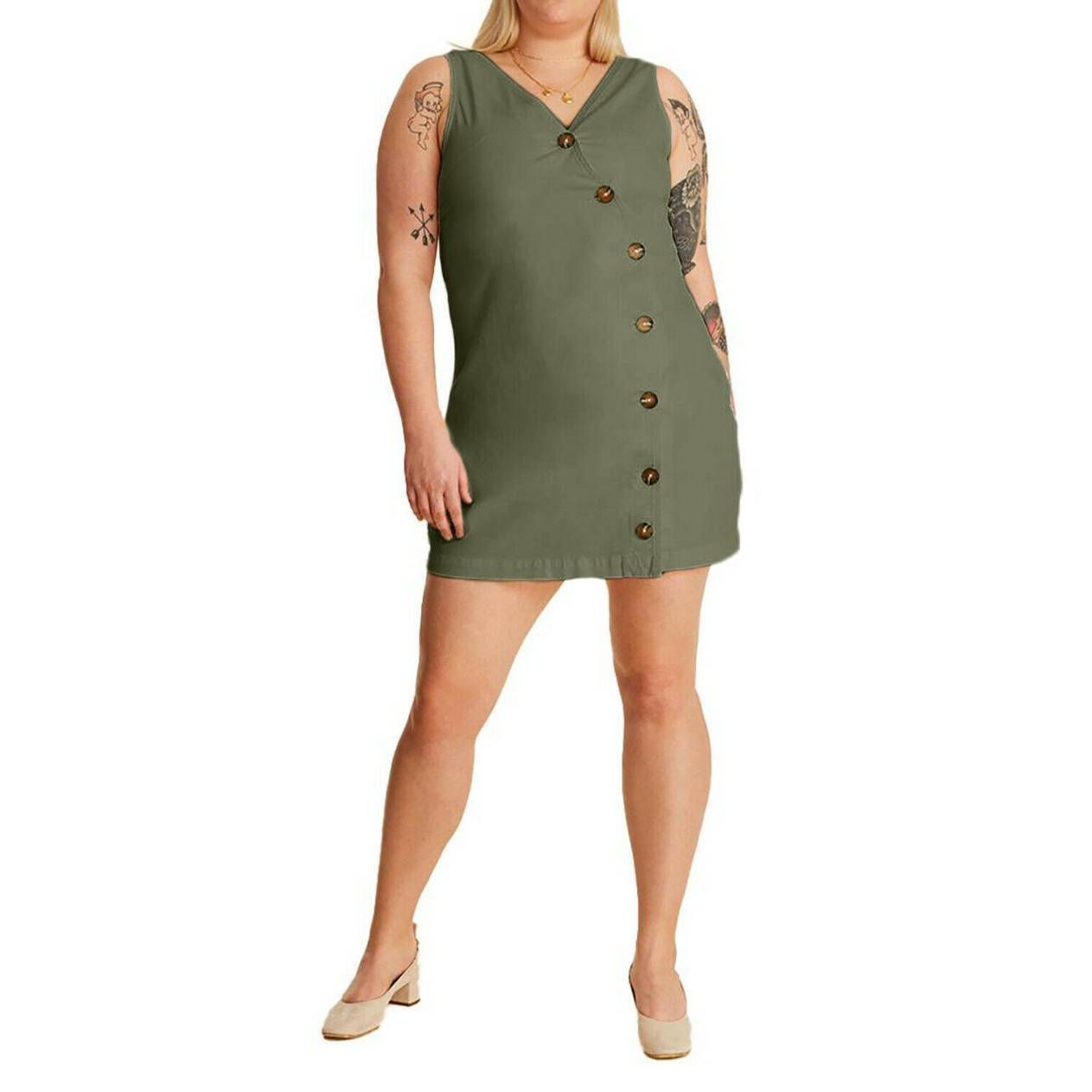 Warpweft Company Warp + Weft Ladies Size 1X Moss Green Canvas HTO East Hampton Button Front Dress Size XL / US 12-14 / IT 48-50 - 6 Thumbnail