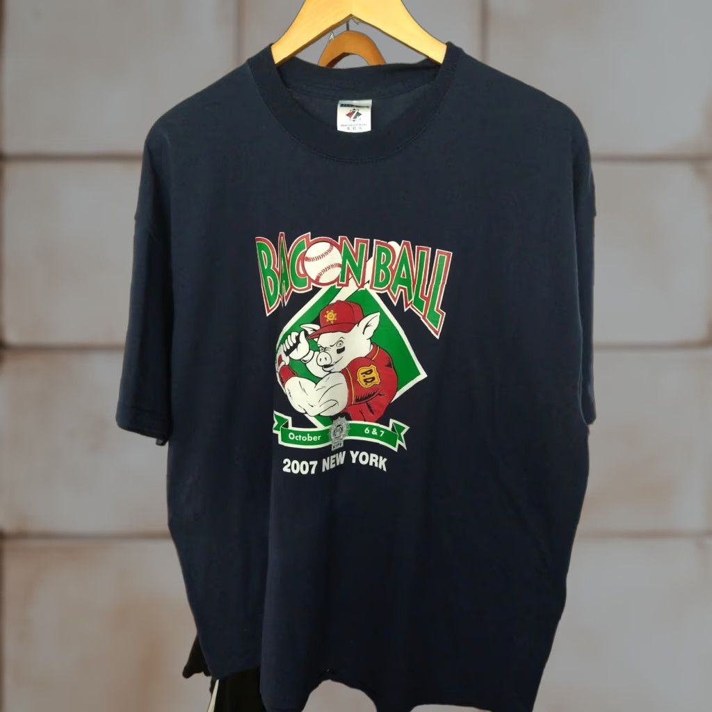 VINTAGE Bacon Ball NYPD Baseball Tournament Sponsors T-shirt XL Blue Men Short Sleeve 2007 JERZEES