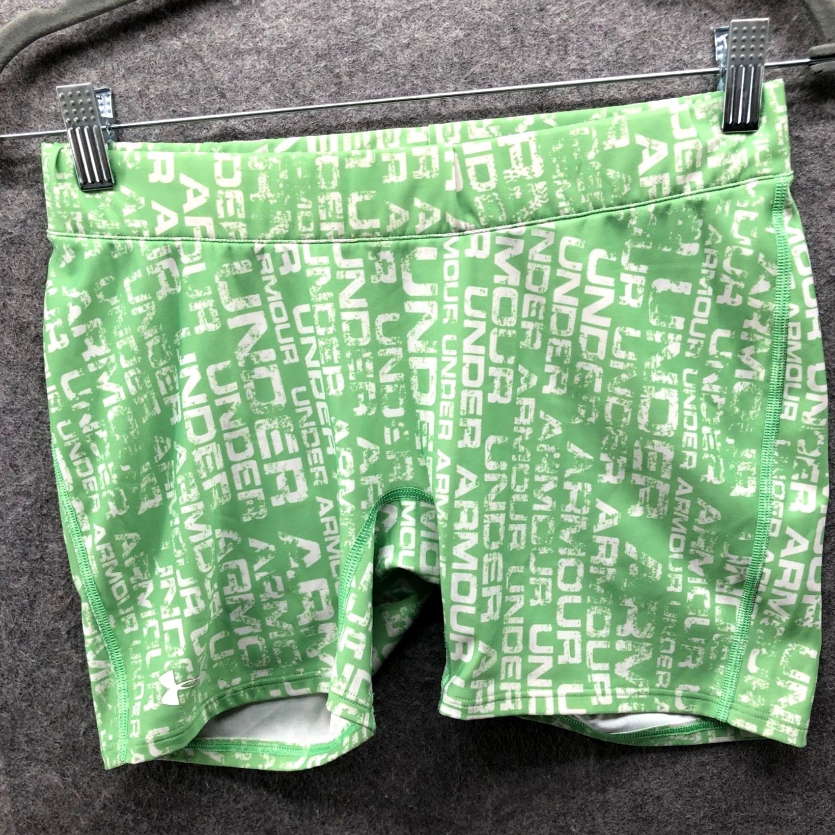 Under Armour Under Armour HeatGear Compression Shorts Womens Large Green Logo Print Active Size 36" / US 14 / IT 50 - 2 Thumbnail