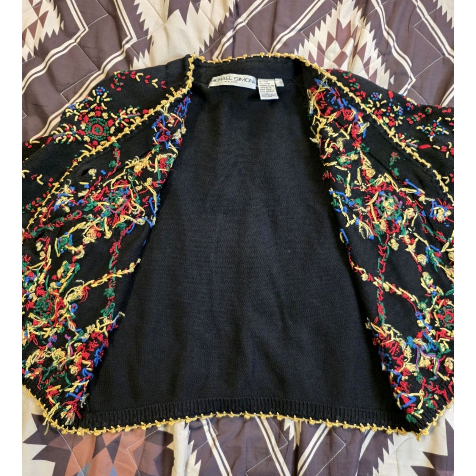 Simons VINTAGE Michael Simon Cardigan Sweater 3D Embroidered Flowers Black Sz M Medium Women Size M / US 6-8 / IT 42-44 - 3 Thumbnail