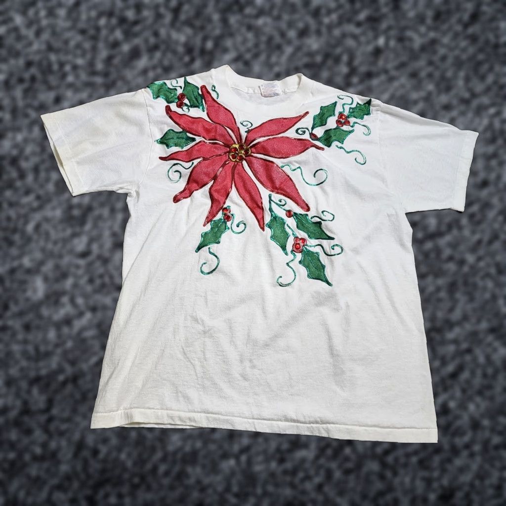 Hanes Vintage 1980s Hanes Mens L Cotton Short Sleeve Graphic T-Shirt White Christmas Poinsettia Distressed Size US L / EU 52-54 / 3 - 1 Thumbnail