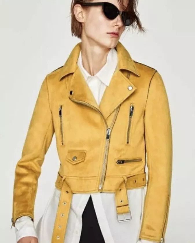ZARA Ladies Mustard Yellow Faux Suede Biker Jacket