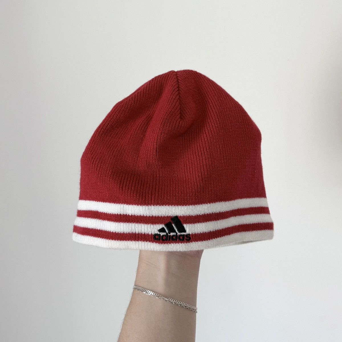 Adidas Vtg 2000s Adidas Striped Knit Skully Beanie Red White Y2K Size ONE SIZE - 1 Thumbnail