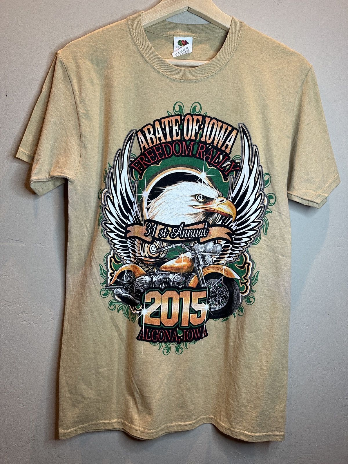 image of Art Abate Iowa Freedom Biker Rally Motorcycle T-Shirt in Tan, Men's (Size Small)