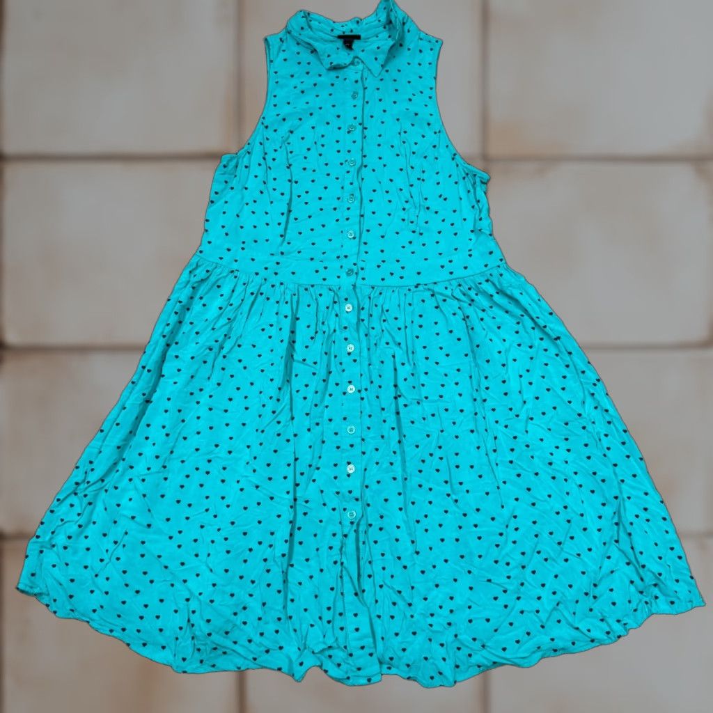 Torrid Dress Woman 2 Blue Hearts Patterned Collared Sleeveless Work Button Up Shirt Dress