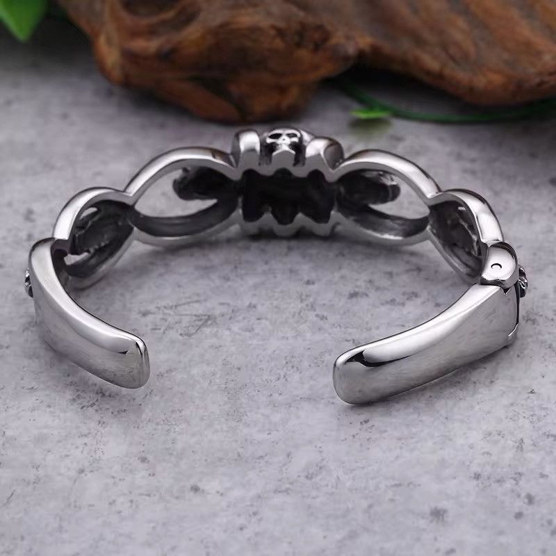 Vintage Stainless Steel Skull Bangle With Black Gemstone Size ONE SIZE - 3 Thumbnail