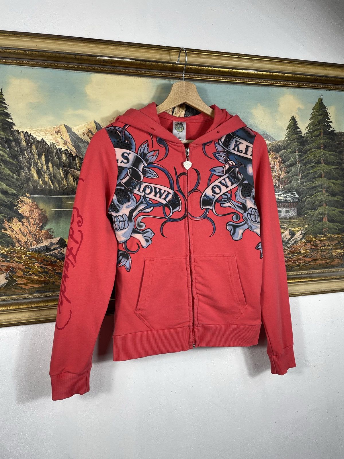 Christian Audigier × Ed Hardy × Vintage Ed Hardy Retro 00s Hoodie With Crystals Affliction Grunge Size US XXS / EU 40 - 3 Thumbnail