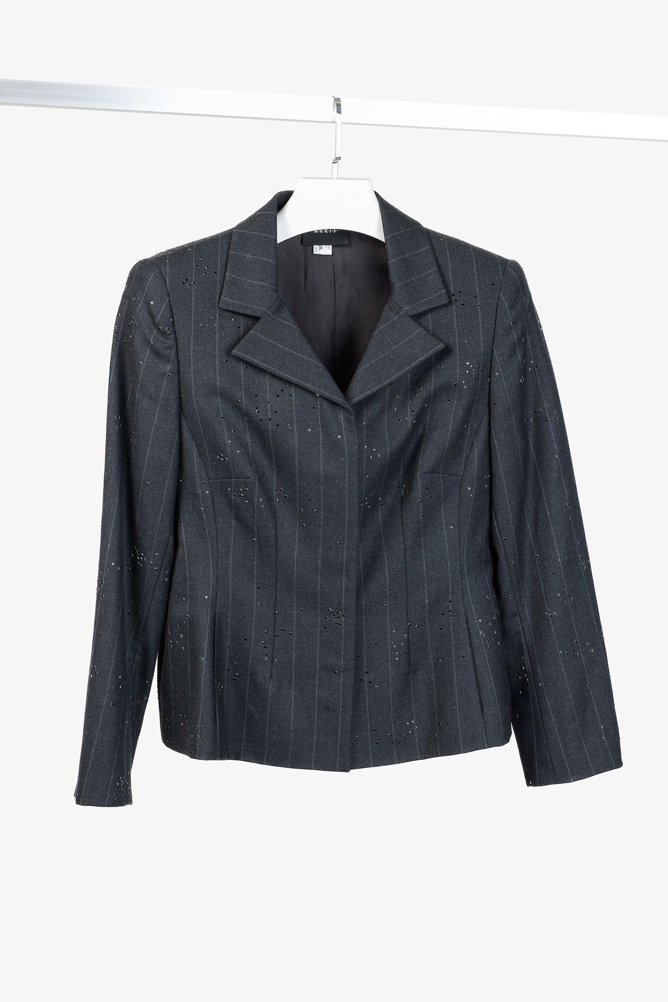 Akris Akris Black Pinstripe-Wool Rhinestone-Embellished Blazer Size L / US 10 / IT 46 - 1 Thumbnail