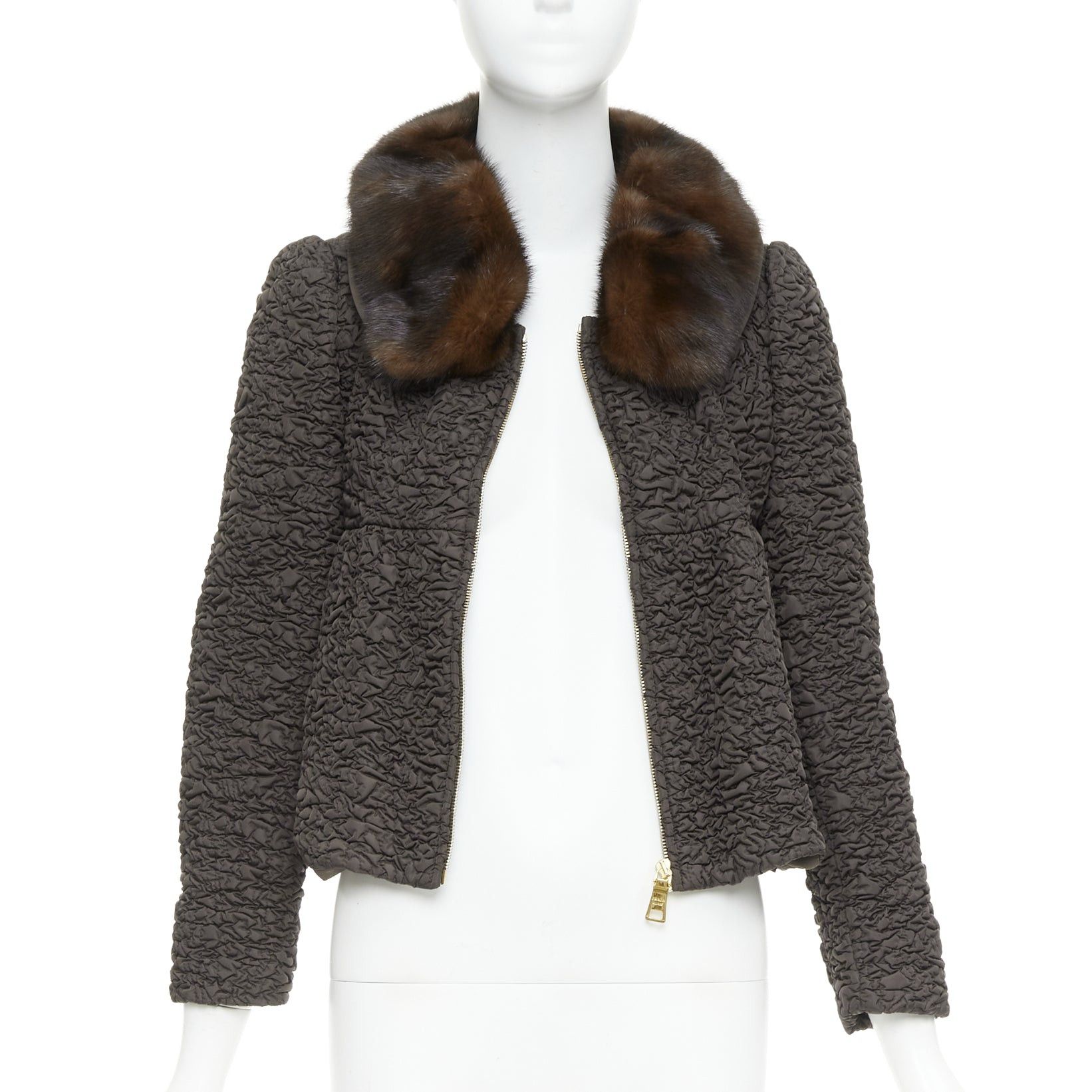 Prada PRADA 2010 brown mink fur collar crinkled quilted puff sleeve jacket IT40 S Size S / US 4 / IT 40 - 1 Thumbnail
