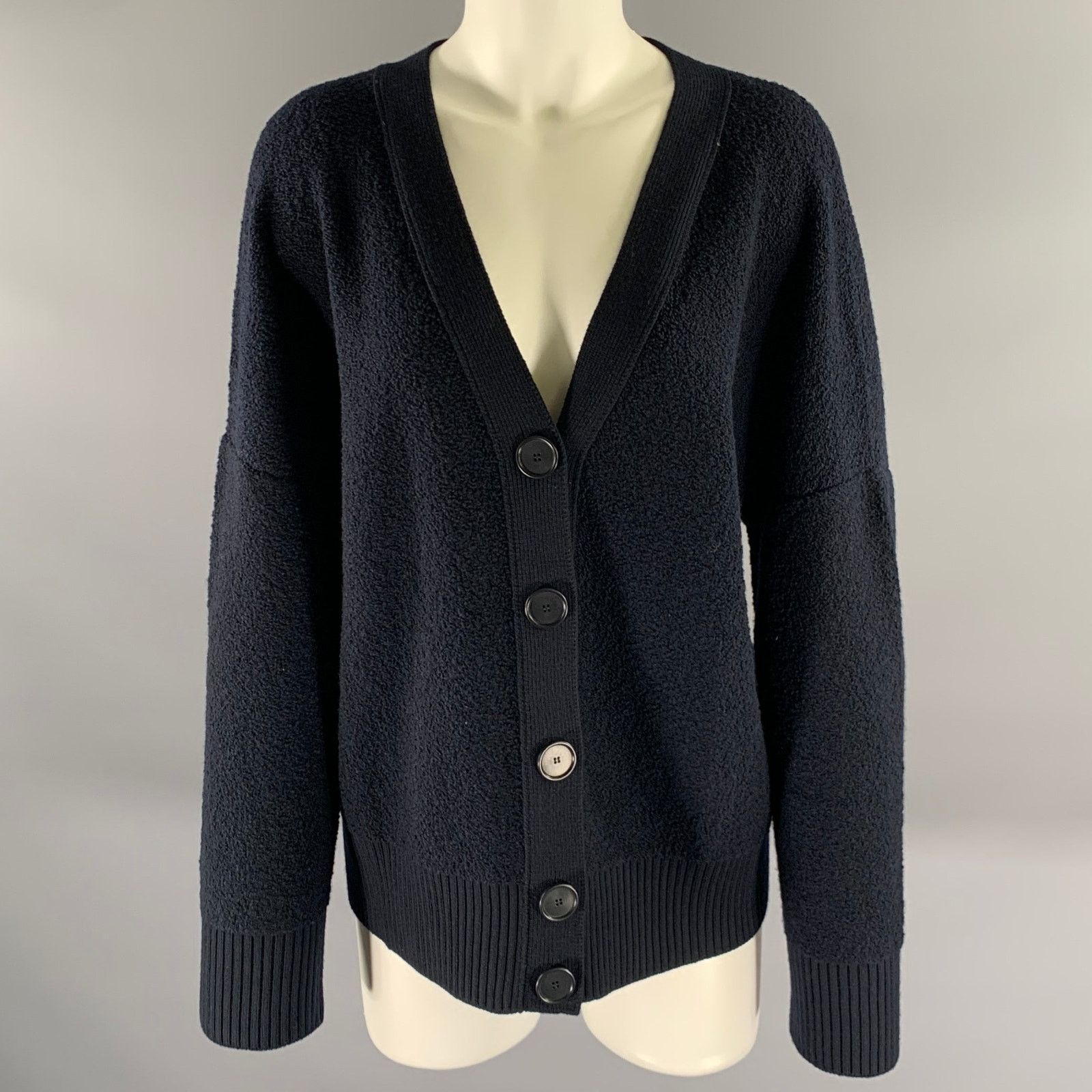 Akris AKRIS Size L Navy Wool Polyamide Cashmere Boucle Cardigan Size L / US 10 / IT 46 - 1 Thumbnail