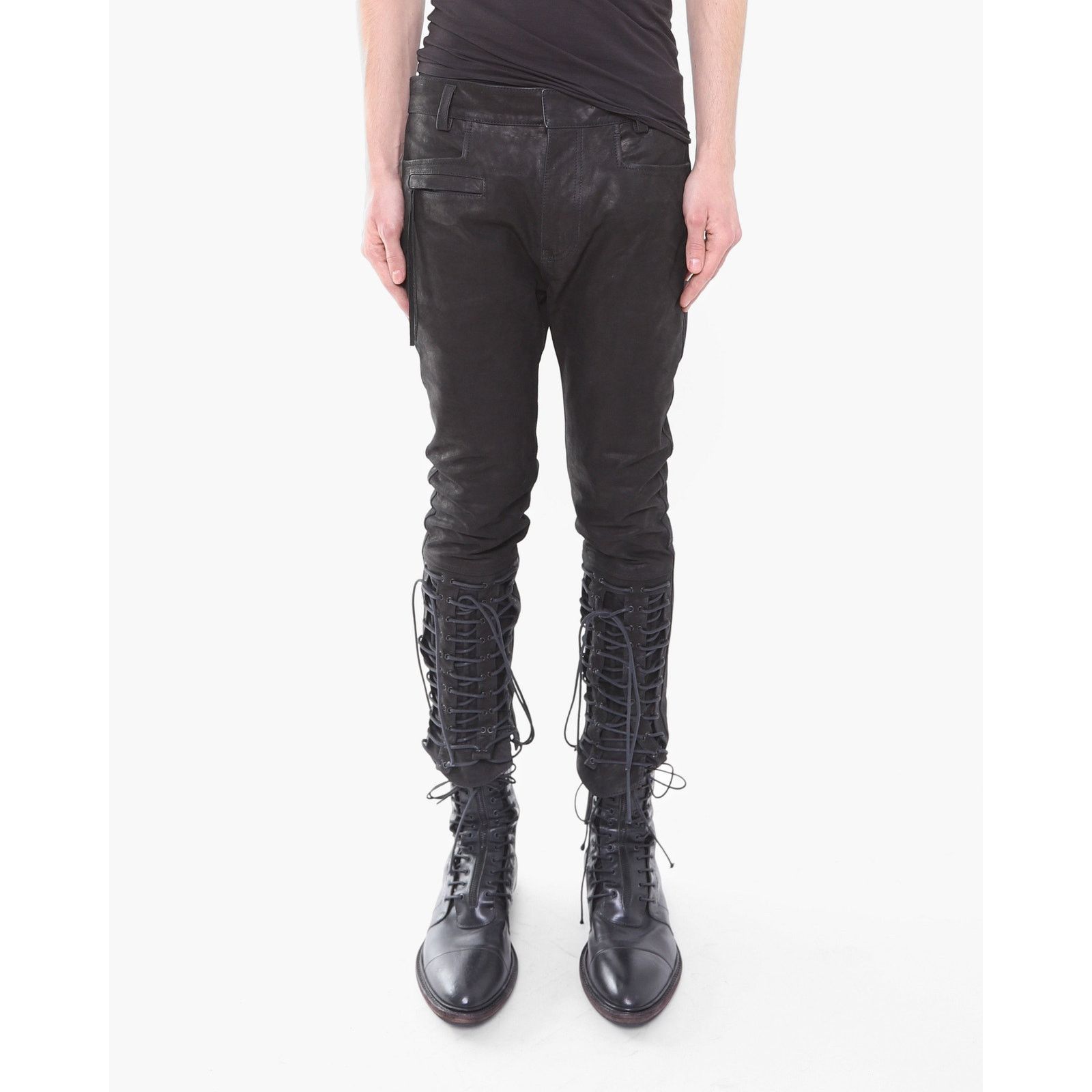 Haider Ackermann FW16 Cropped Laced Detail Trousers in Matte Black Leather Size US 30 / EU 46 - 1 Thumbnail