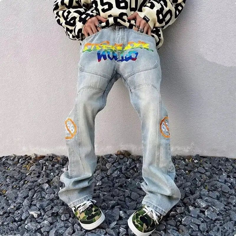 Streetwear Letter Embroidery Vintage Blue Baggy Jeans