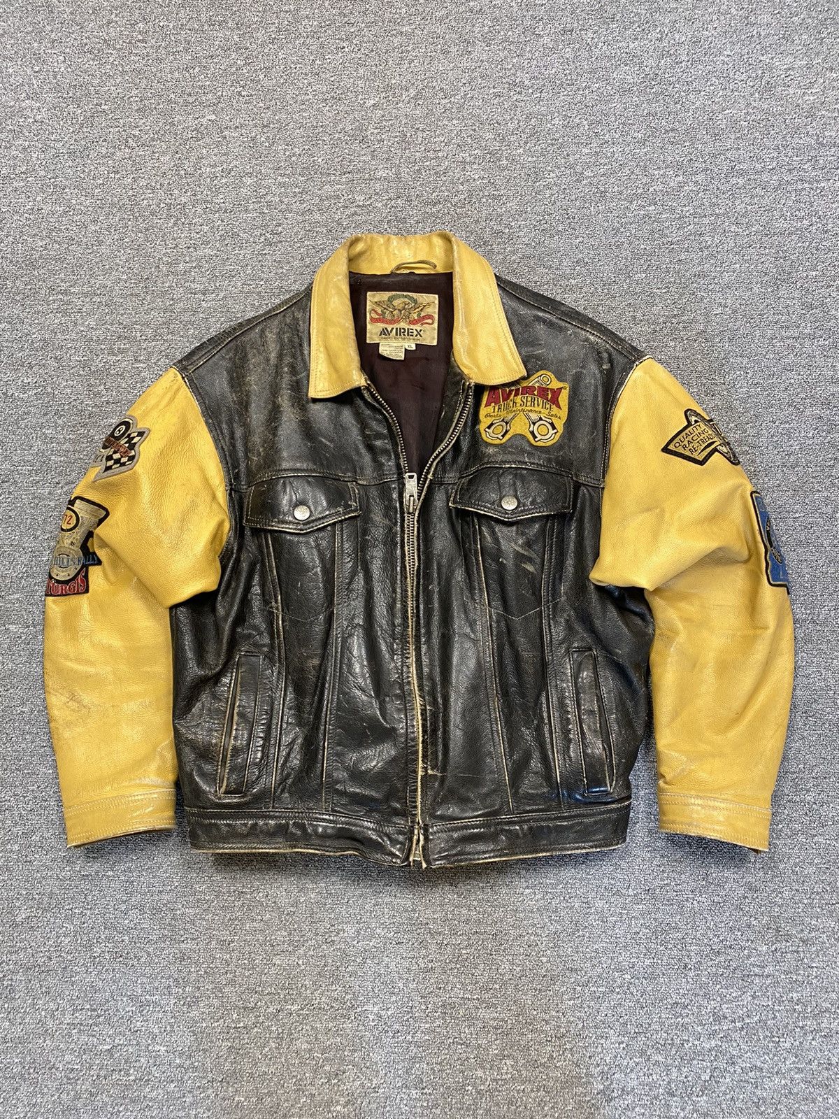 Vintage avirex store leather flight jacket lined harley davidson patch L