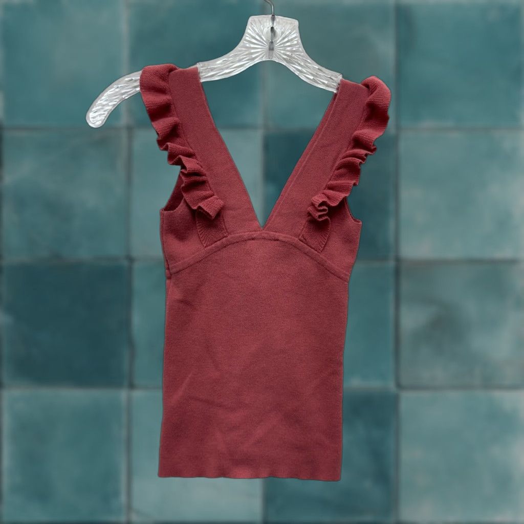 Express Express Camisole Top XXS XS Salmon Pink Knit Ruffle Lace-Up Stretch V-Neck Blouse Size XXS / US 00 / IT 34 - 1 Thumbnail