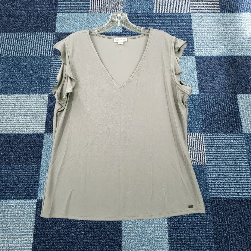 Vintage Calvin Klein Top Womens XL Gray Short Sleeve V Neck Pullover Stretch Size XL / US 12-14 / IT 48-50 - 1 Thumbnail
