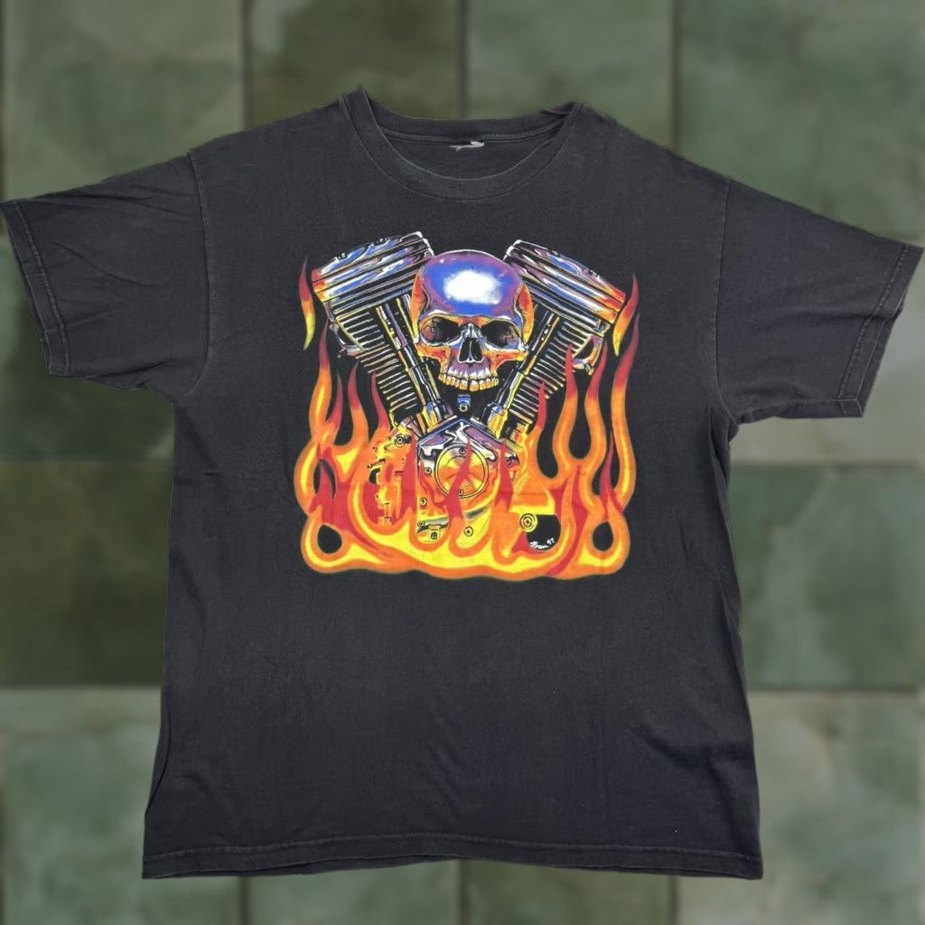 VINTAGE Unbranded T-Shirt Biker Skull Flames Motorcycle 90s Adult Large Black Men Shirt Short Sleeve Crew Neck Mens