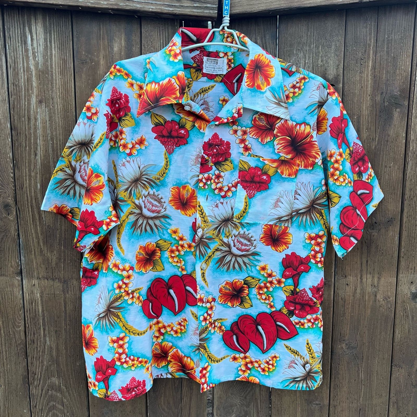 image of Vintage 70's Montgomery Ward Hawaiian Tiki Luau S/s Floral Bold Shirt in Blue, Men's (Size XL)