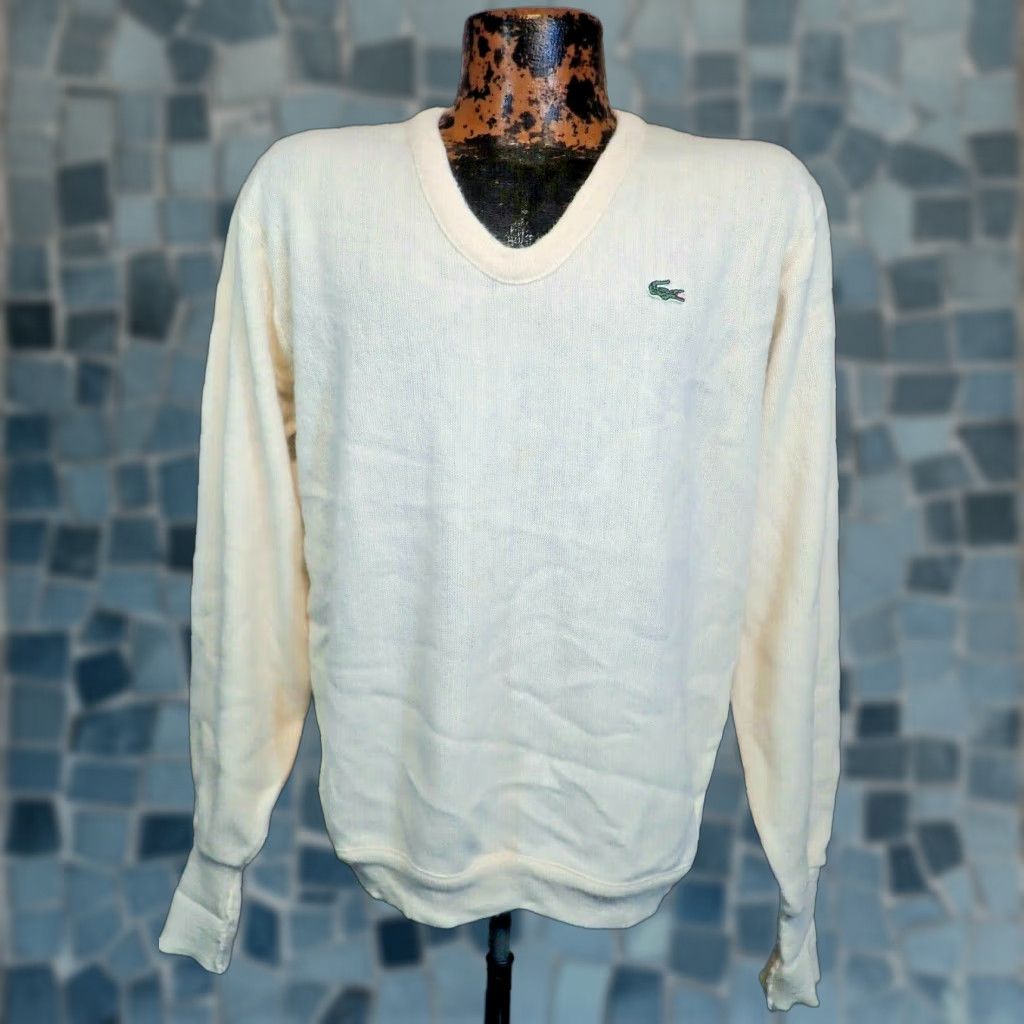 Izod VINTAGE Izod Lacoste Cream White V-Neck Pullover Sweater Men's Large USA Made Acrylic Lightweight Long Sleeve Size US L / EU 52-54 / 3 - 1 Thumbnail