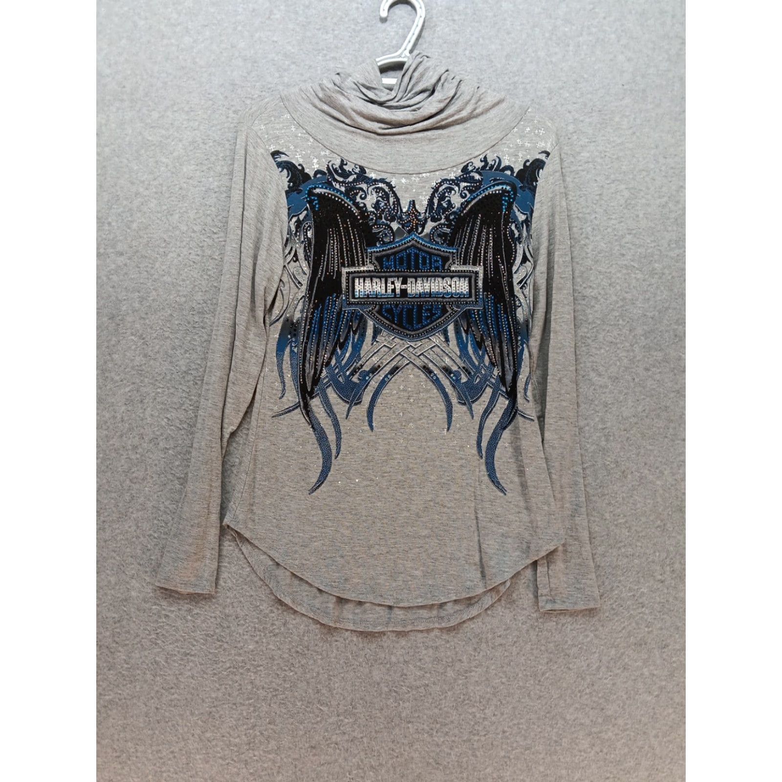 Harley Davidson Harley-Davidson Rhinestone Cowl Neck Shirt Women's Small Gray Long Sleeve GUC Size S / US 4 / IT 40 - 2 Thumbnail