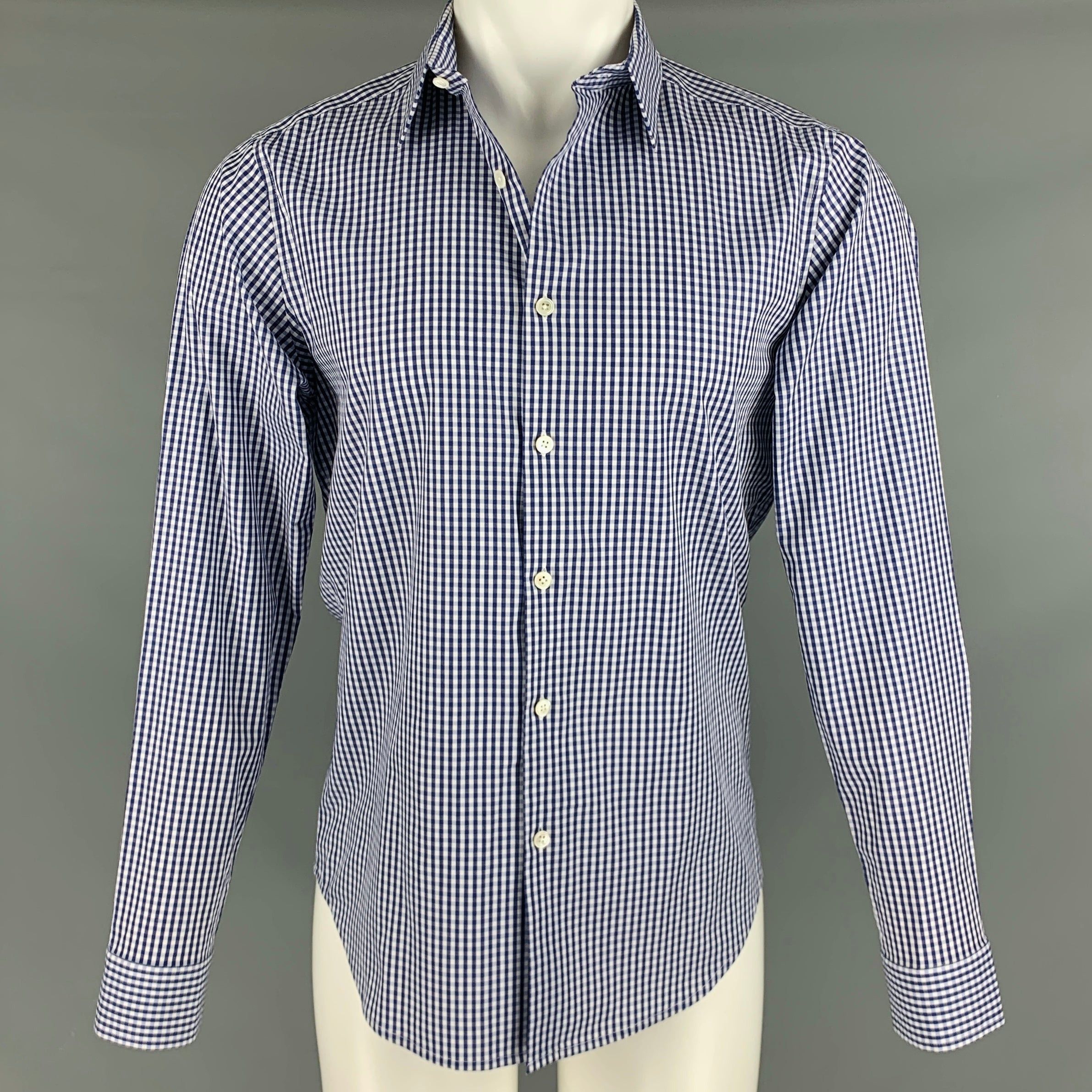 image of Theory Navy White Checkered Cotton Button Up Long Sleeve Shirt, Men's (Size Small)