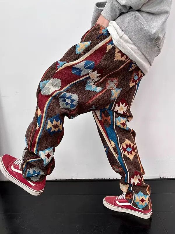 VIBE Retro geometric print jacquard casual cargo trousers Size US 30 / EU 46 - 3 Thumbnail