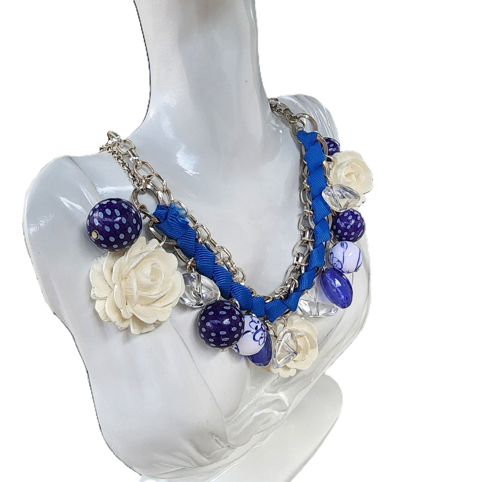 Handmade Mixed Ivory Dangle Bead Rose Charm Statement Bib Necklace Size ONE SIZE - 2 Thumbnail