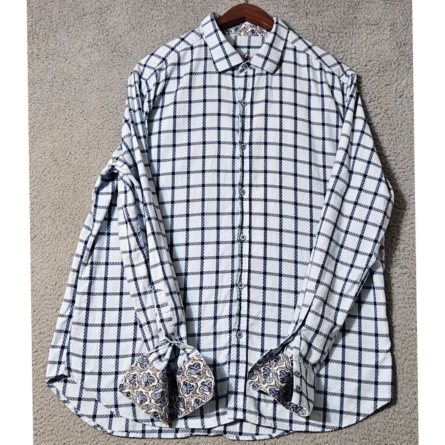 Robert Graham Robert Graham Blue Paisley Checkered Button Up Shirt Men's XL Flip Cuff Size US XL / EU 56 / 4 - 2 Thumbnail