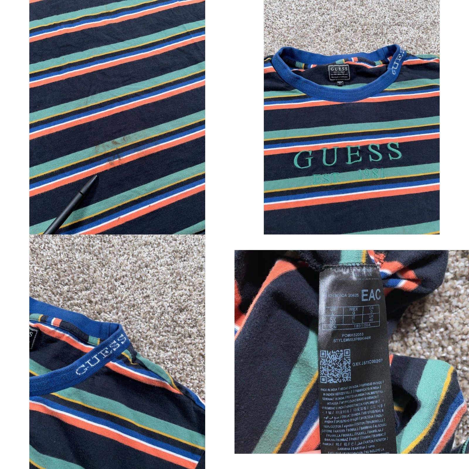 Guess GUESS Striped Embroidered T-Shirt Adult Large Black Orange Green 90s Retro Mens Size US L / EU 52-54 / 3 - 8 Thumbnail