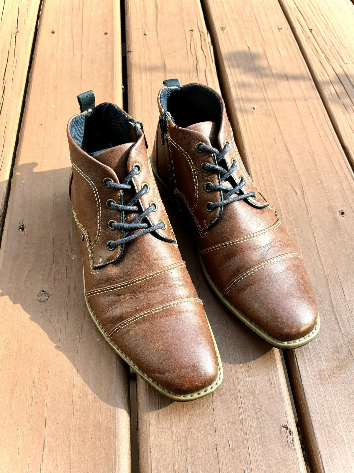 Apt. 9 × Designer Brown Leather Ankle Boots Apt 9 Cap Toe Zipper Cognac & Navy Size US 8 / EU 41 - 13 Thumbnail