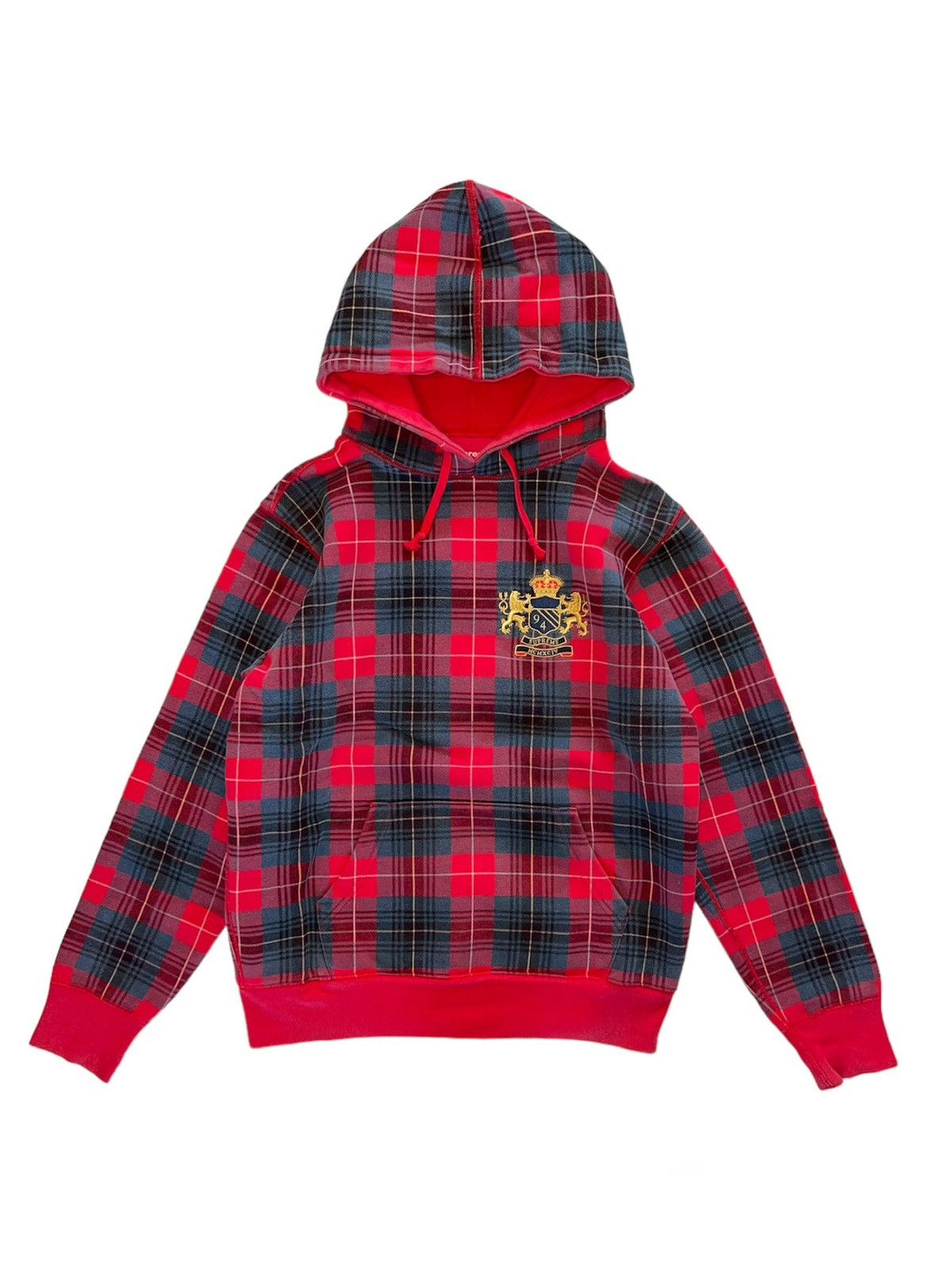 image of Supreme Crest Plaid Mcmxciv Tartan Hoodie in Red, Men's (Size Small)