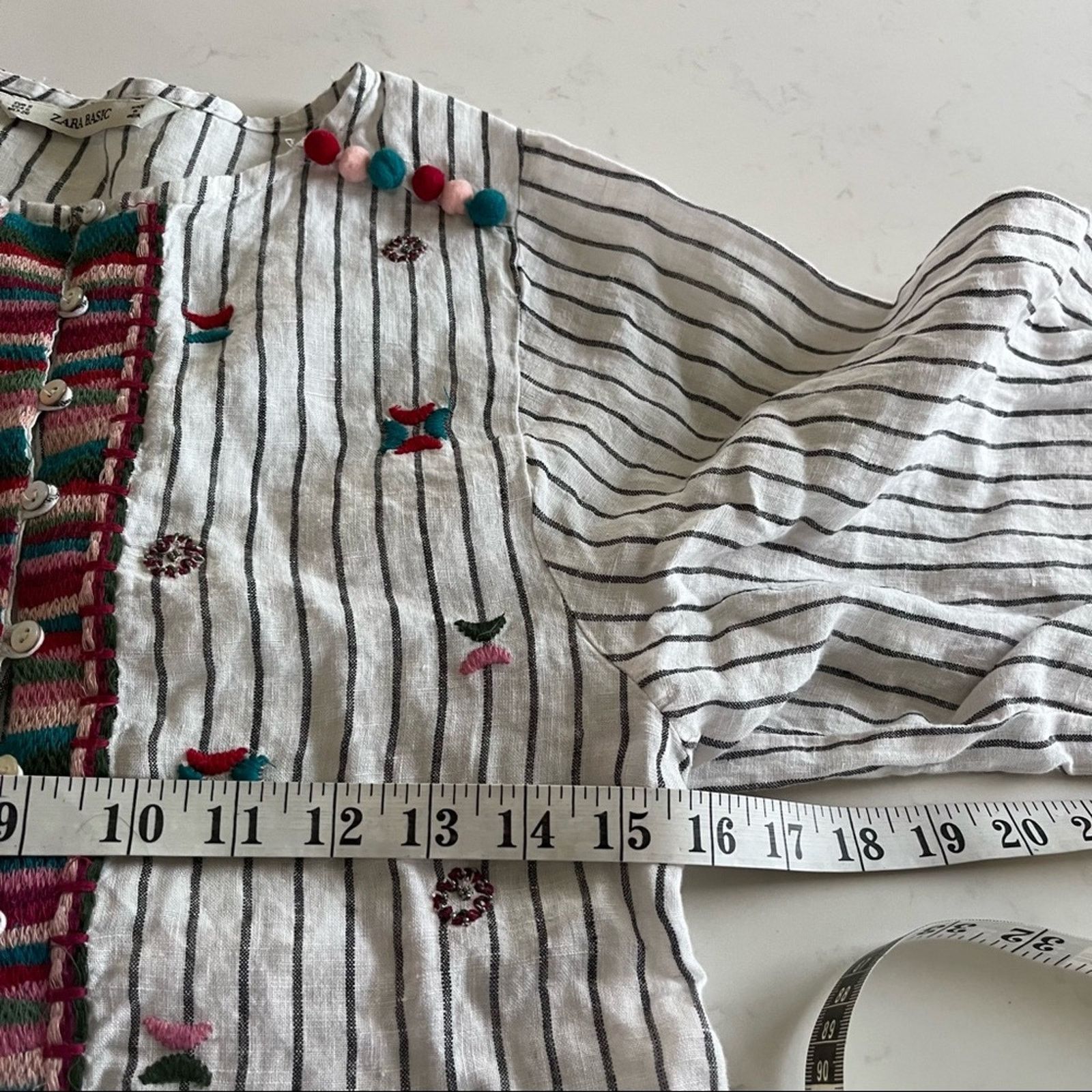 Zara Zara Embroidered Linen Pompom Peplum Top Striped Boho Size S / US 4 / IT 40 - 7 Thumbnail