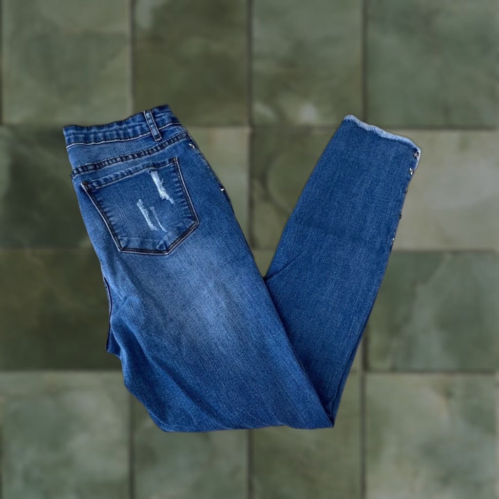 Vintage Romeo & Juliet Womens Medium Blue Skinny Distressed Denim Jeans Star Embellishment Size 32" / US 10 / IT 46 - 1 Thumbnail