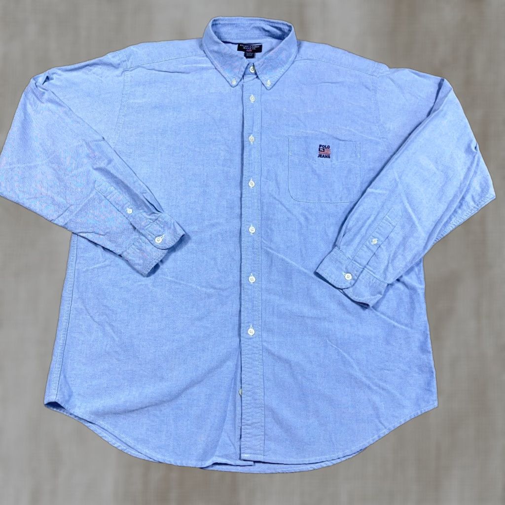 Ralph Lauren VINTAGE Ralph Lauren Shirt Men XL Blue Button Up Oxford Cloth Dress USA Flag Pocket VTG Size 46R - 1 Thumbnail