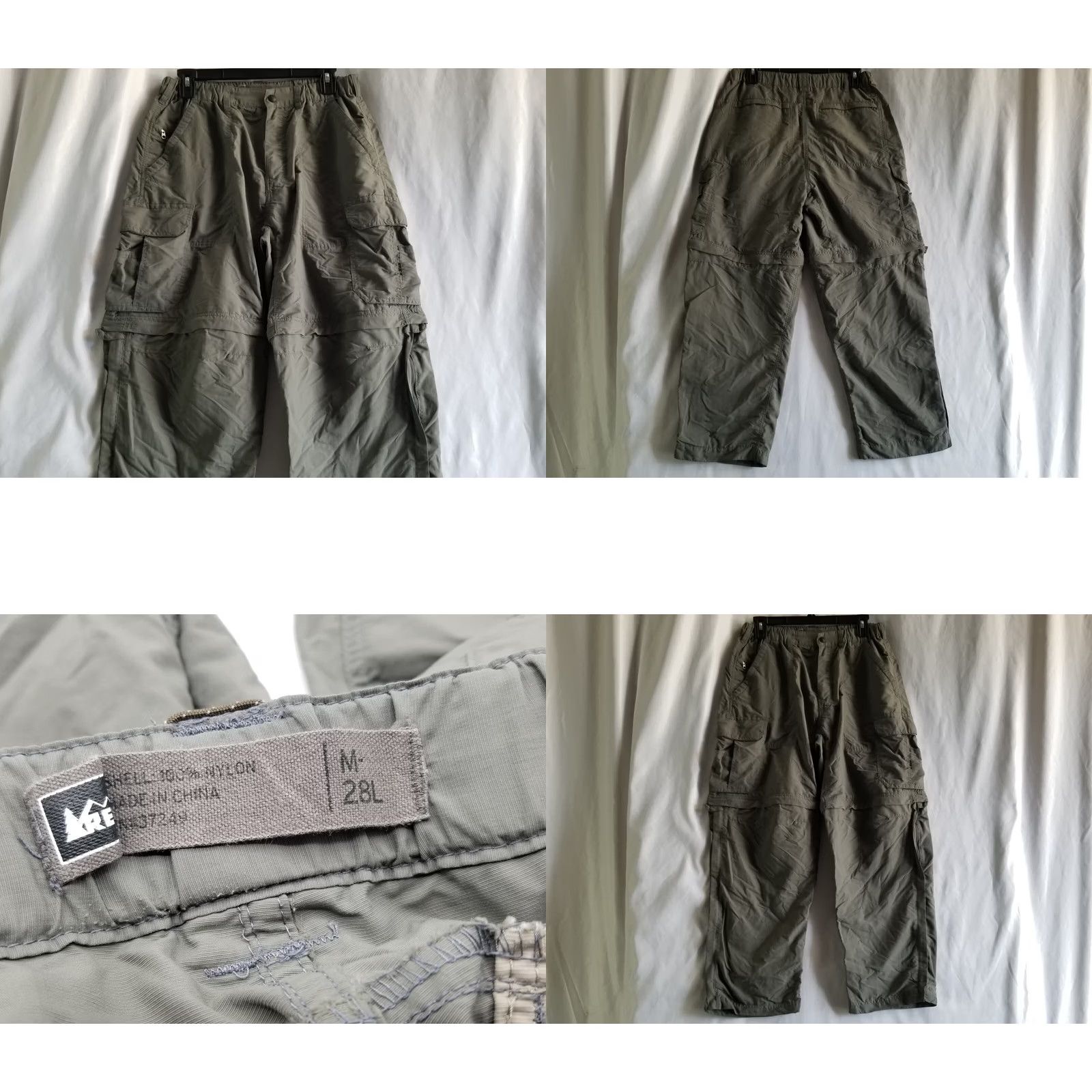 Vintage REI Coop Convertible Pants Mens Medium Gray Nylon Flex Waist Cargo Flat Front Breathable Lightweight Inseam 32in Belt Loops Pockets Olive Gray Size US 31 - 8 Thumbnail