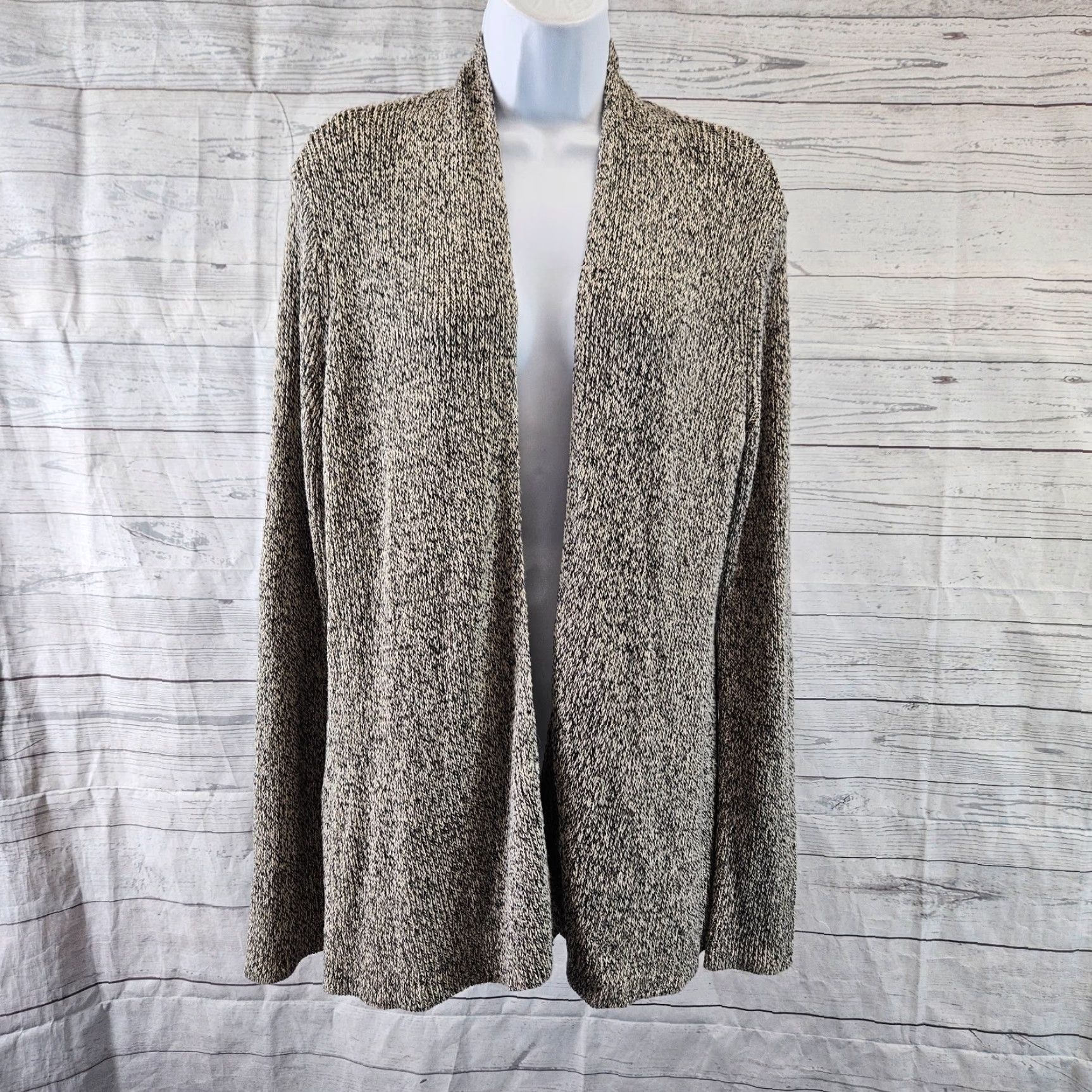 Eileen Fisher Eileen Fisher Cardigan Womens Large Sz Beige Black Loose Knit Linen Wool Size L / US 10 / IT 46 - 2 Thumbnail
