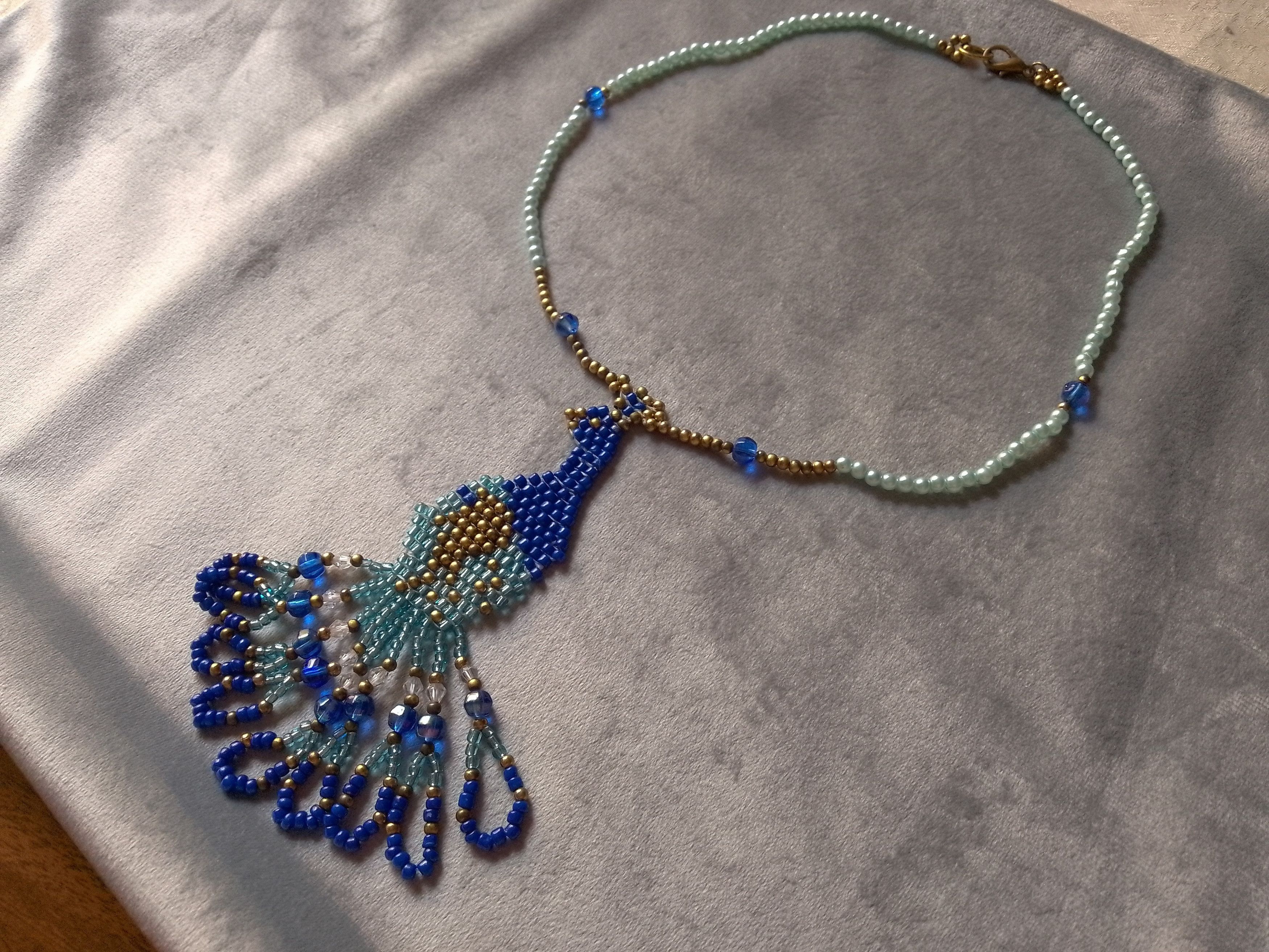 Handmade Necklace Pearls Blue Turquoise Peacock Pendant Embroidered Size ONE SIZE - 3 Thumbnail
