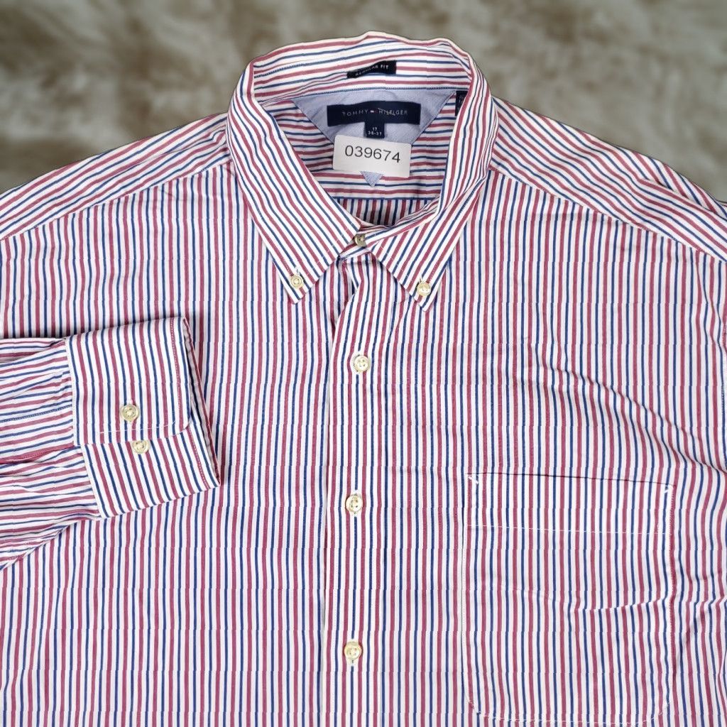 Tommy Hilfiger Tommy Hilfiger Shirt Mens 17 Red Striped Dress Button Down Long Sleeve Classic Modern Preppy Workwear 100% Cotton Size 46R - 1 Thumbnail